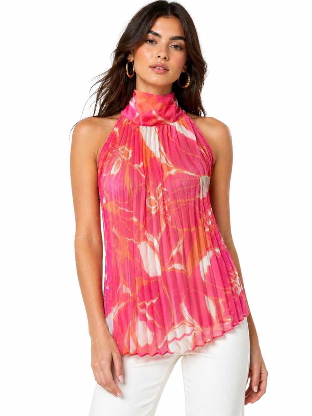 MILLY Pleated Halter Blouse Pink Orange Abstract Floral Size P